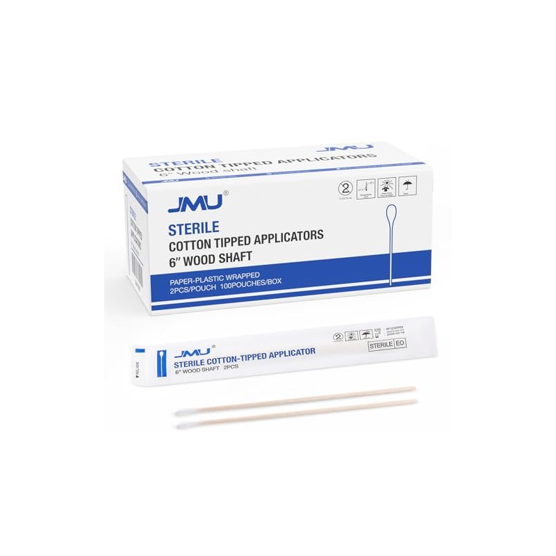 JMU 6 Inch Sterile Cotton Tipped Applicators, 200 Count Long