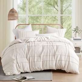 Comfort Spaces Cream King Size Duvet Cover Set - 3 Pieces Pintuck Pleated Duvet Cover, All Season Lightweight, Extra Softness Pre-Washed Microfiber King Bedding Cover Shams