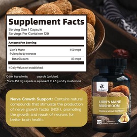Lite Supply Lion's Mane Mushroom Supplement Capsules 54000mg, 120 Capsules | 120 Days Supply – Made with Lion's Mane Powder Extract – Cognitive Brain Nootropic & Immune Health Support