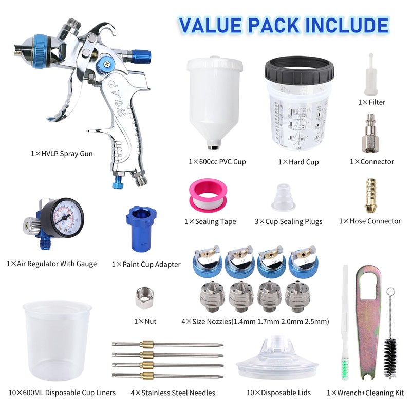 Zeinlenx HVLP Spray Gun with 10Pcs 600ML Disposable Paint Cups,