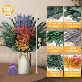 130 PCS Mixed Dried Real Preserved Eucalyptus Lavenders Bundles for Shower, 17" Natural Shower Hanging Silver Dollar Eucalyptus Leaves Stems, for Home Spa, Bathroom & Wedding Decor