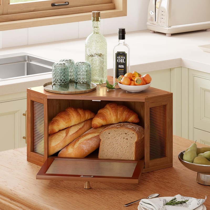 WOWLIVE Corner Bread Box for Kitchen Countertop, Bamboo Bread Storage