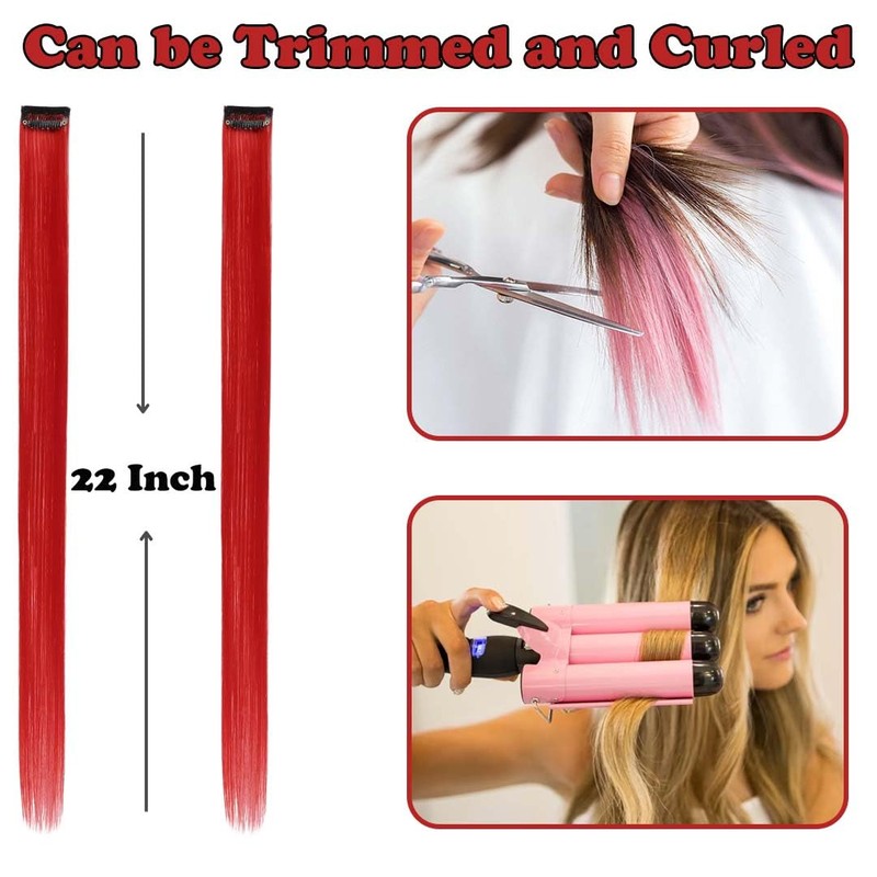 Colored Hair Extensions Clip In, 12 Pieces, Red