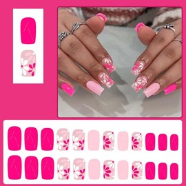 24Pcs Press on Nails Short Square LINMEIZAI with Pink Flower Design Fake Nails Press ons Nail Glue on Nails Stick on Nails Acrylic Nail Tips Kit False Nails Stickers Nail Art for Women Manicure