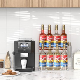 OVICAR Coffee Syrup Organizer Rack - 8 Syrup Bottle Holder Stand for Coffee Bar Coffee Station Accessories with Straw Coffee Pod Basket,2 Tiers Kitchen Countertop Storage for Syrup Wine Dressing White