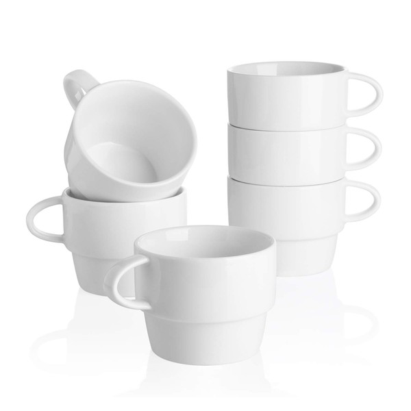 Sweese 411.001 Porcelain Cappuccino Cups - Stackable Coffee Cups - 6 Ounce for Specialty Coffee Drinks, Cappuccino, Mocha and Tea - Set of 6, White