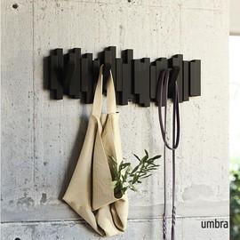 Umbra Sticks Wall-Mounted Coat Rack Rail Hook with 5 Retractable Pegs – Modern, Space-Saving Storage Organizer, Black