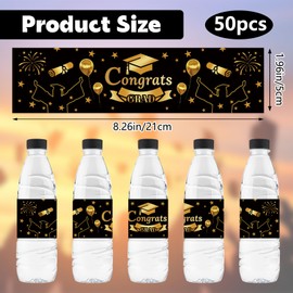 URROMA 50Pcs Graduation Water Bottle Labels Foil-Stamped Waterproof Wrappers Congrats Grad Black Gold Wraps Stickers Party Favor Decoration Supplies