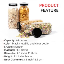 OMNISAFE 64 Ounce Clear Plastic Mason Jars With Screw On Lid, Reusable Empty Jars for Food Storage, BPA Free Containers for Sealing, Dry Food, Snacks, Candies, Breakage-proof, (Black - 4 Pack)