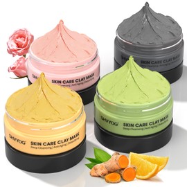 SHVYOG 4Pcs Face Mask Set - Turmeric Clay Mask, Vitamin C, Green Tea, Rose, Dead Sea Mud Mask, Skin Care Mask for Deep Cleansing, Refining Pores, Valentine's Day Gifts for Women- 240g