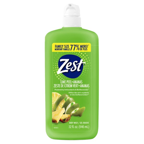 Zest Lime Peel Body Wash with Pump 32 Fl Oz - Rich Lather Powered by Antioxidants & Bioflavonoids to Invigorate, Energize, Refresh, and Moisturize - for Smooth and Hydrated Skin