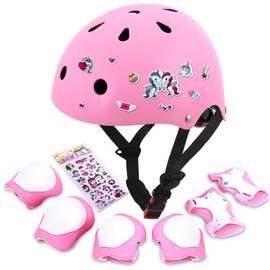 DINILEMU Kids Bike Helmet with DIY Stickers and Knee Pads Elbow Pads Wrist Guard Set for Ages 3-5-8 Toddler Boys Girls Helmet for Roller Skates Cycling Skateboarding Bicycle Scooter-Pink
