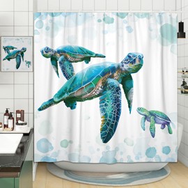 VEIGIKE Sea Turtle Shower Curtain for Bathroom, Ocean Sea Green Teal Turtle Fabric Shower Curtains Set, Coastal Beach Nautical Kids Restroom Decor Accessories with Hooks 72X72Inches