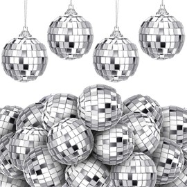 BBTO 24 Pieces Mini Christmas Disco Balls 70s Party Decor Christmas Tree Decoration Hanging Reflective Mirror Disco Ball Decoration for Birthday Party Decor(1.57 Inch,Silver)