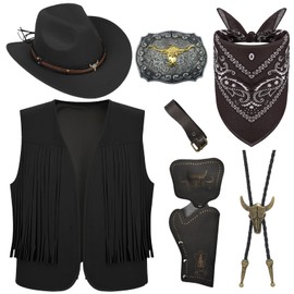 7 Piece Cowboy Fancy Dress Accessory Set for Men, Western Cowboy Costume with Hat Tassel Vest Paisley Bandana Western Bolo Buckle Belt Holster for Carnival Fancing Cosplay (Style 4, L)