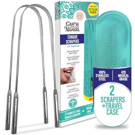 GuruNanda Rascador de lengua (paquete de 2), rascador de lengua de acero inoxidable para higiene bucal, tratamiento de mal aliento, limpiador de lengu