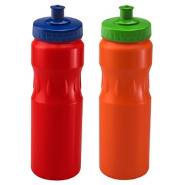 750ml Squeeze Water Sports Bottle, BPA-Free with Leakproof Sports Push Pull Lid, Ergonomic Easy To Hold, Kids School, Cycling, Basketball. 2 Pack - Orange and Red