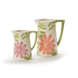 Two's Company Floribunda Set of 2 Pitchers / Vases with Hand-Painted Floral Relief Design - Ceramic