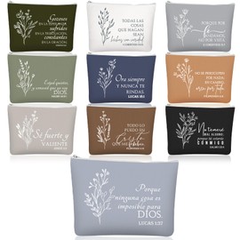 Huhumy 10Pcs Christian Gifts for Women Religious Cosmetic Bags Inspirational Bible Verse Pencil Pouch Canvas Makeup Bags Bulk with Zipper for Mother Sister Church Favors(Morandi,Spanish)