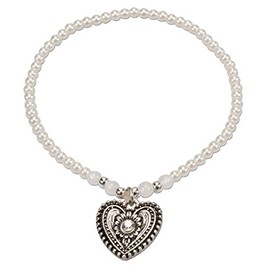 Alpenflüstern DAB055 Filigree Pearl Costume Bracelet Traditional Heart – Women's Costume Jewellery with Antique Silver-Coloured Traditional Heart Elastic Costume Bracelet in Black and Cream White, 30%