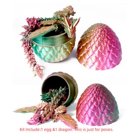 Flavery 3D Printed Flying Dragon in Egg - Dino Easter Egg with 9" Winged Dragon Inside, Colorful Fidget Toy, Birthday Gift, Flexible Desk Pet Figure (Green Fuchsia Gold)