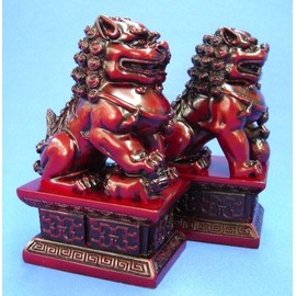 4.5" Pair of Red Feng Shui Foo Dogs, Fu Dog Statues, Chinese Civilian Door Gods to Protect Business Home Premises