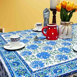 Sweet Us Blossom Burst Floral Cotton Block Print Tablecloth and One Gray Napkin, Floral Kitchen Dining Table Cloth, Table Cover for Indoor and Outdoors, Blue Lagoon, 70 x 102 in