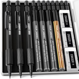 Four Candies 1.3mm Mechanical Pencil Set with 48 Lead Refill, 3PCS Metal Weatherproof Body Heavy Duty Carpenter Pencil, 3 Eraser, 12 Eraser Refill, for Outdoor Woodworking Drafting Marking with Case