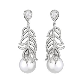 14K Gold Moissanite Pearl Drop Earrings for Women,Freshwater Cultured Pearl Branch Style Long Dangle Earrings,Fashion Jewelry Gift for Mom,Girlfriend,Wife (White Gold, 14K Gold)