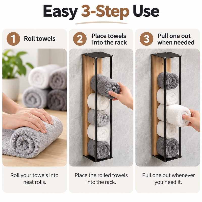 Wall-Mounted Towel Rack for Bathroom Storage – Iron & Wood