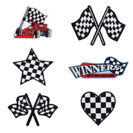 6 pcs Checkered Racing Flag Patches, Trucker Hat Appliques Embroidery Sewing Iron on Patches Set Car Racing Motorcycle Winner Racing Car Iron Patches for Jacket Vest Denim