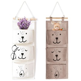 2 pcs Wand Hängen Tasche,Hängender Organizer mit 3 Taschen,Hängende Tasche für Kinder,Badezimmer Hängende Tasche,Baby hängende Tasche,Stoff hängende Tasche,Faltbare Hängetasche(weiß grau)