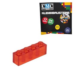 CMC imports 30 Clamping Blocks, Building Blocks, Basic Building Blocks, 1 x 4 Nubs, Compatible Bricks, 34 Different Colours (224 - Red - Transparent)