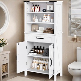 DWVO 58" Tall Storage Cabinet Bathroom Storage Cabinet with Doors and Shelves, Large Floor Cabinet White Bathroom Cabinet Versatile Kitchen Pantry for Kitchen, Dining Room, Pearl White