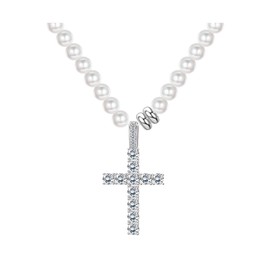 Krfy Pearl Necklace for Men Women Choker Necklace with Cubic Zirconia Cross Pendant Extend Clasp Easy to Wear Daily Jewellery, Cubic Zirconia