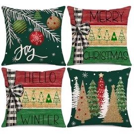 Kithomer Christmas Decorations Pillow Covers 18x18 Set of 4 Merry Christmas Joy Snowflake Xmas Trees Hello Winter Holiday Pillows Decorative Throw Cushion Case for Sofa Couch KI160-Green
