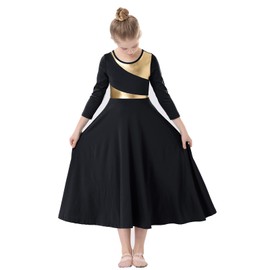 ORIDOOR Girls Praise Dance Dress Metallic Gold Liturgical Worship Church Robe Full Length Swing Lyrical Costume,Black,Tag160,13-14Years