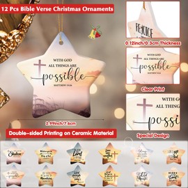 Barydat 12 Pcs Christmas Christian Ornament Scripture Religious Bible Verse Cross Ceramic Ornament Star Shaped Religious Gifts Faith Based Gifts for Xmas Tree Women Holy Family(Faith)