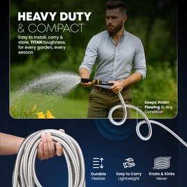 TITAN Garden Hose 75FT - 304 Stainless Steel Metal Water Hose, Flexible, Kink-Free, Lightweight, Durable, Crush Resistant Fittings, Easy to Coil, 500 PSI