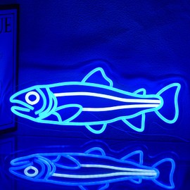 Xixkilly Salmon Fish Neon Sign Blue Fishing Neon Signs Dimmable Led Sea Art Neon Light Sign Sailor Wall Decor Neon Light Signs For Bedroom Bar Office Room Kitchen