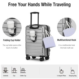 KYME Hard Shell Carry On Luggage 22x14x9 Airline Approved with Cup Holder,22 Inch Travel Rolling Suitcase with TSA Lock & Spinner Wheels,Silver