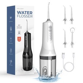 Munddusche Kabellos Elektrischer Zahnreiniger, 4 Modi & 5 Düsen USB-C Wiederaufladbare Wasser Flosser IPX6 Wasserdicht, 260ml Wassertank Munddusche für Reisen und Zuhause (Weiß)