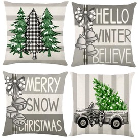 JOISHOP Christmas Cushion Covers, 18 x 18 Inch Set of 4 Grey Xmas Throw Pillow Covers Farmhouse Winter Square Pillow Case for Living Room Sofa Home Bedroom Decor