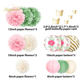 NICROLANDEE Green Pink Wedding Decorations, Pack of 12 Butterfly Flowers Tissue Paper Pompoms Paper Lanterns for Fairy Birthday Party Decorations, Garden Baby Shower Decoration, Spring Easter Party