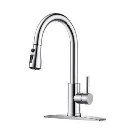 FORIOUS Kitchen Faucets, Chrome Kitchen Faucet with Pull Down Sprayer, Traditional Stainless Steel Kitchen Sink Faucet with Deck Plate, Single Handle Faucet for Kitchen Sink, Farmhouse Camper RV Bar