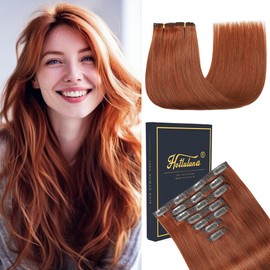 HotLulana Clip-In Real Hair Extensions, 120 g, 7 Pieces, 45 cm, Dark Red Brown Extensions, Real Hair, Invisible Clip Extensions, Real Hair, Remy Real Hair Extensions, 18 Inches, Skin Weft Clip-In Hair