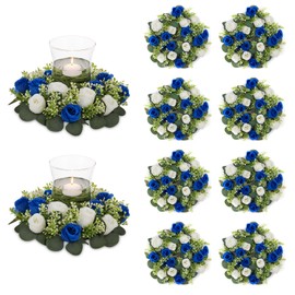NUPTIO Flower Wedding Centerpieces for Tables: 10 Pcs 14 inch Diam Large Royal Blue & White Artificial Flowers Fake Roses Candle Rings Wreaths Spring Summer Wreath for Front Door Weddings Party