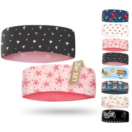 Children's Headband - Thin, Ultralight and Elastic Sports Headband for Boys and Girls (Twin Pack Flowers/Hearts)