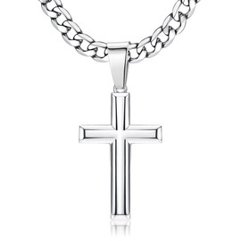Chriscoco 925 Sterling Silver Cross Pendant Necklace for Men Women Stainless Steel Diamond Cut Figaro Cross Chain Necklace Polished Bevelled Edges Cross Pendant Necklace, Stainless Steel, No Gemstone