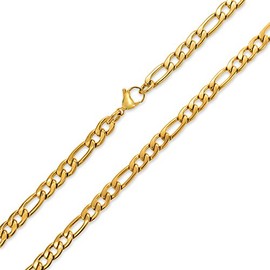Bling Jewelry Medium Solid Strong Shinny Mens Figaro Chain Necklace Link Bracelet Set for Men Teen Gold Plated Stainless Steel 30 Inch 7MM